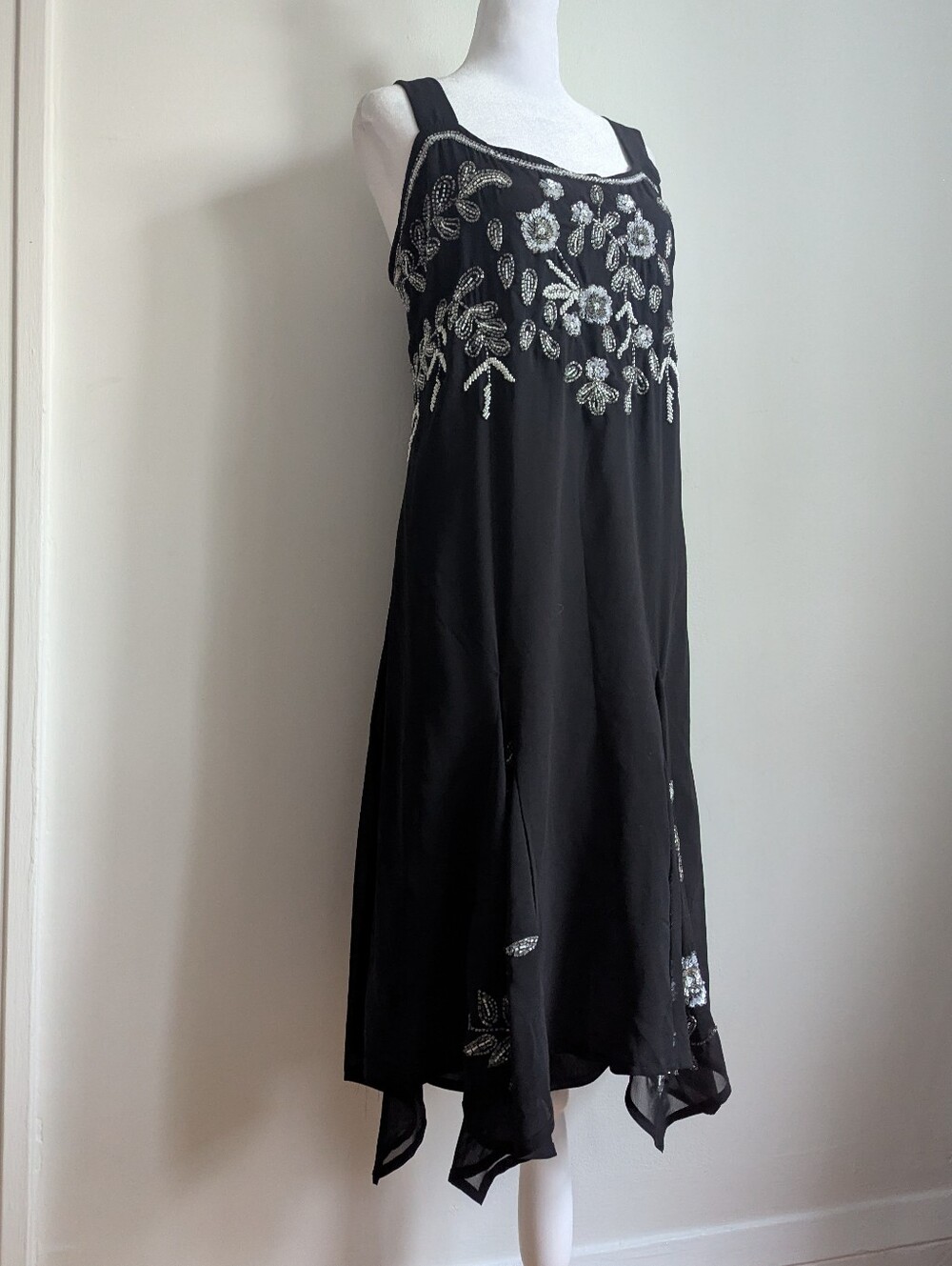 Vintage 00s Does 20s Square Neck Beaded Sequin Asymmetrical Midi Shift Dress - Picture 2 of 7